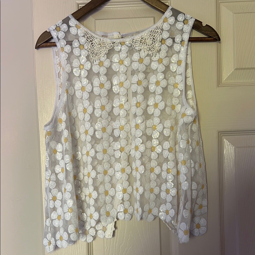 Vintage Free People Sheer White Floral Lace Sleeveless Top